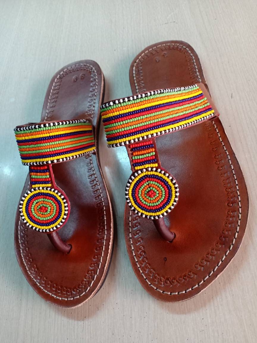 Handmade African Beaded Sandals/Authentic Maasai-Style Leather Flip-Flops Women/Boho Beach Sandals/Comfortable Summer Sandal African Gifts