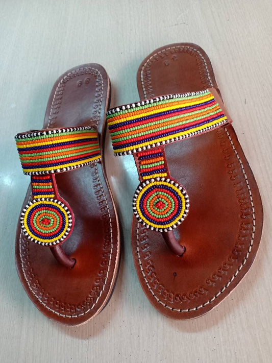 Handmade African Beaded Sandals/Authentic Maasai-Style Leather Flip-Flops Women/Boho Beach Sandals/Comfortable Summer Sandal African Gifts