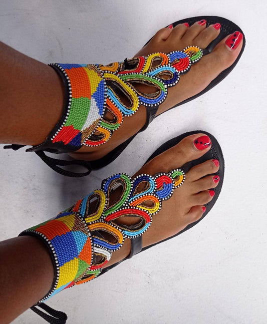 Handmade African Beaded Sandals/Authentic Maasai-Style Leather Flip-Flops Women/Boho Beach Sandals/Comfortable Summer Sandal African Gifts