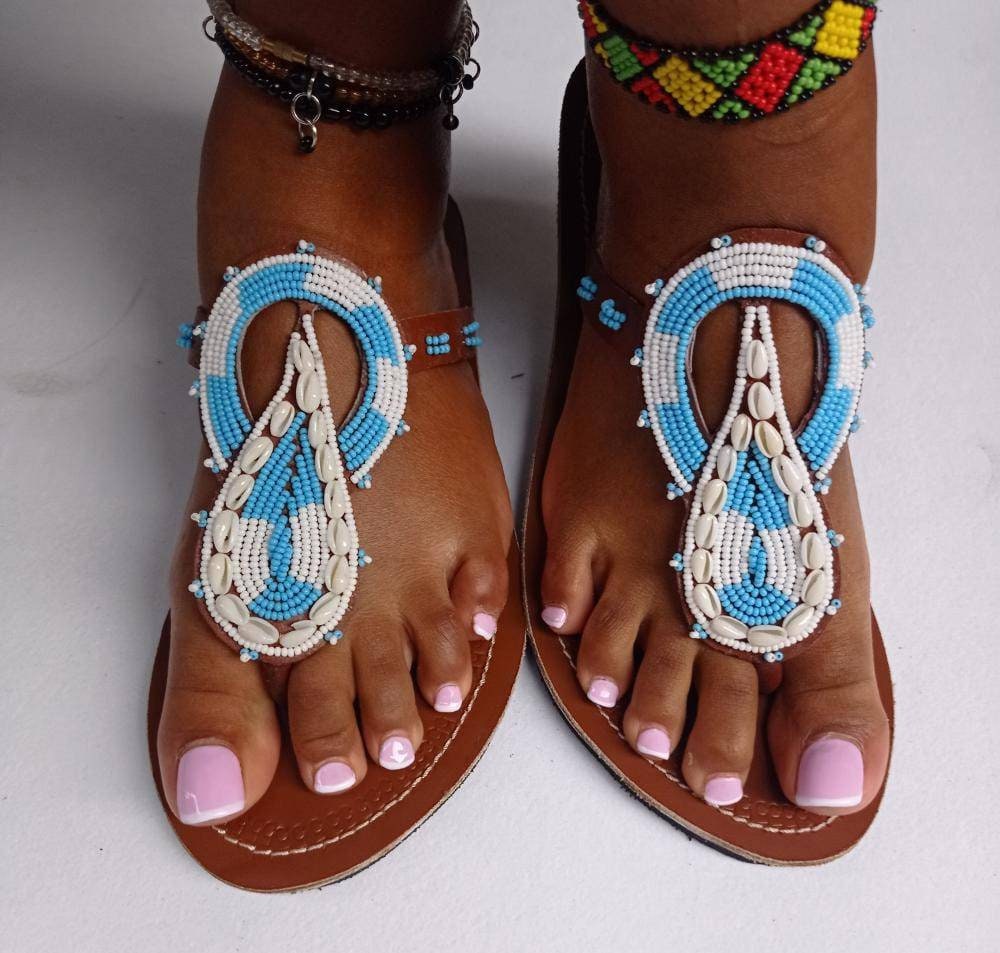 Handmade African Beaded Sandals/Authentic Maasai-Style Leather Flip-Flops Women/Boho Beach Sandals/Comfortable Summer Sandal African Gifts