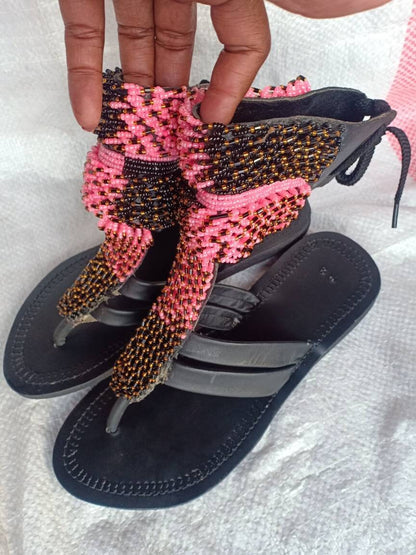 Handmade African Beaded Sandals/Authentic Maasai-Style Leather Flip-Flops Women/Boho Beach Sandals/Comfortable Summer Sandal African Gifts