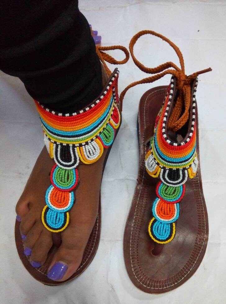 Handmade African Beaded Sandals/Authentic Maasai-Style Leather Flip-Flops Women/Boho Beach Sandals/Comfortable Summer Sandal African Gifts