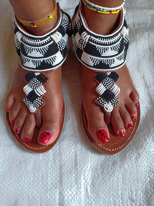 Handmade African Beaded Sandals/Authentic Maasai-Style Leather Flip-Flops Women/Boho Beach Sandals/Comfortable Summer Sandal African Gifts