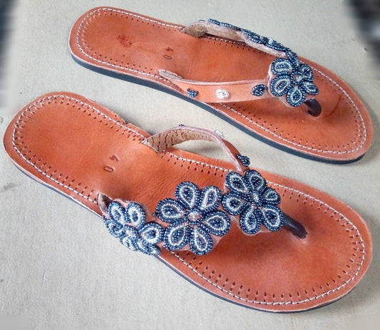 Handmade African Beaded Sandals/Authentic Maasai-Style Leather Flip-Flops Women/Boho Beach Sandals/Comfortable Summer Sandal African Gifts
