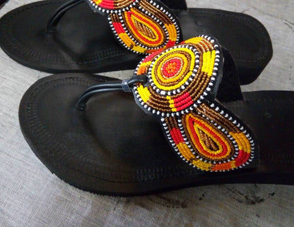 Handmade African Beaded Sandals/Authentic Maasai-Style Leather Flip-Flops Women/Boho Beach Sandals/Comfortable Summer Sandal African Gifts