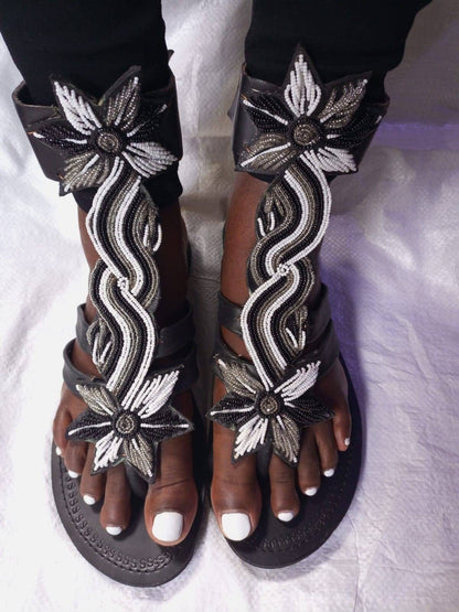 Handmade African Beaded Sandals/Authentic Maasai-Style Leather Flip-Flops Women/Boho Beach Sandals/Comfortable Summer Sandal African Gifts