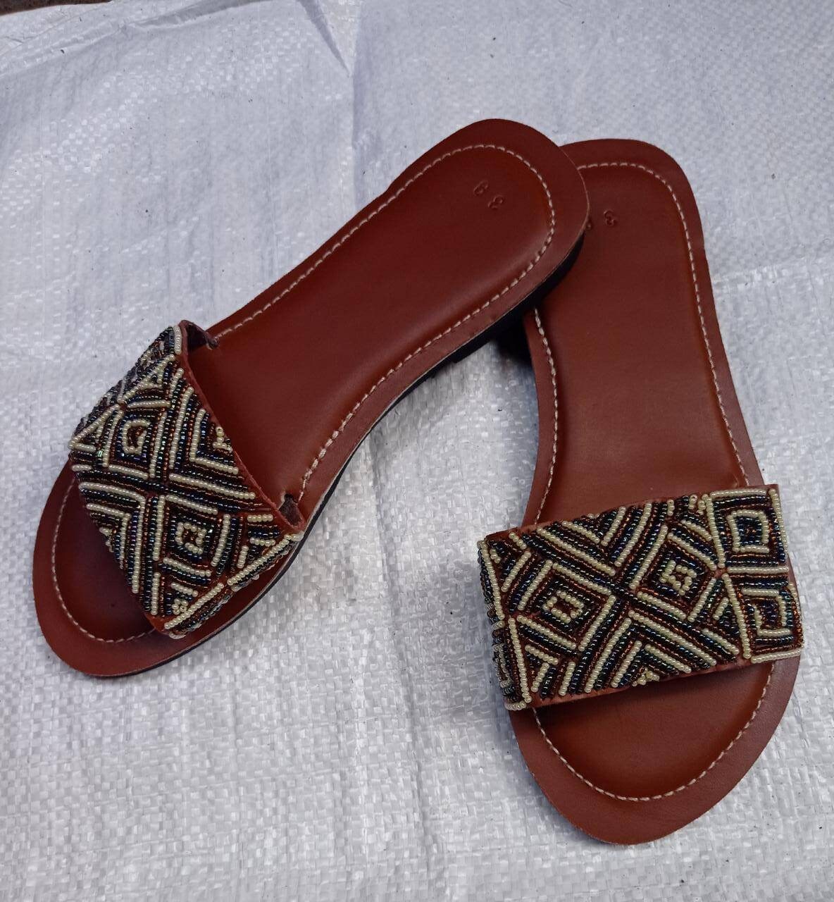 Handmade African Beaded Sandals/Authentic Maasai-Style Leather Flip-Flops Women/Boho Beach Sandals/Comfortable Summer Sandal African Gifts