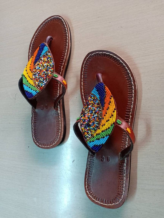 Handmade African Beaded Sandals/Authentic Maasai-Style Leather Flip-Flops Women/Boho Beach Sandals/Comfortable Summer Sandal African Gifts