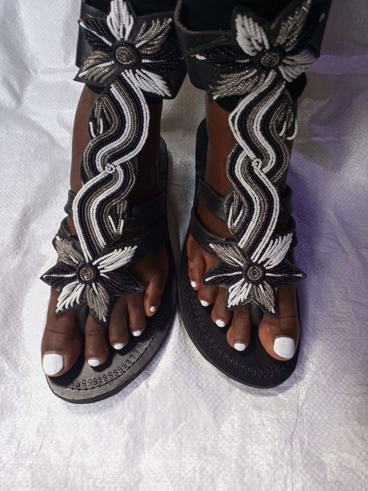 Handmade African Beaded Sandals/Authentic Maasai-Style Leather Flip-Flops Women/Boho Beach Sandals/Comfortable Summer Sandal African Gifts