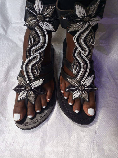 Handmade African Beaded Sandals/Authentic Maasai-Style Leather Flip-Flops Women/Boho Beach Sandals/Comfortable Summer Sandal African Gifts