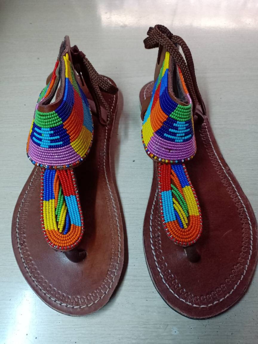 Handmade African Beaded Sandals/Authentic Maasai-Style Leather Flip-Flops Women/Boho Beach Sandals/Comfortable Summer Sandal African Gifts