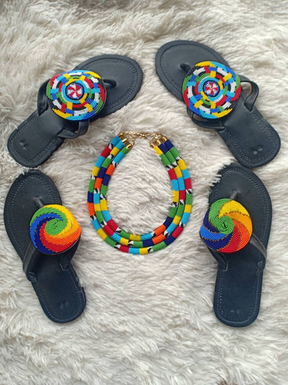 Handmade African Beaded Sandals/Authentic Maasai-Style Leather Flip-Flops Women/Boho Beach Sandals/Comfortable Summer Sandal African Gifts