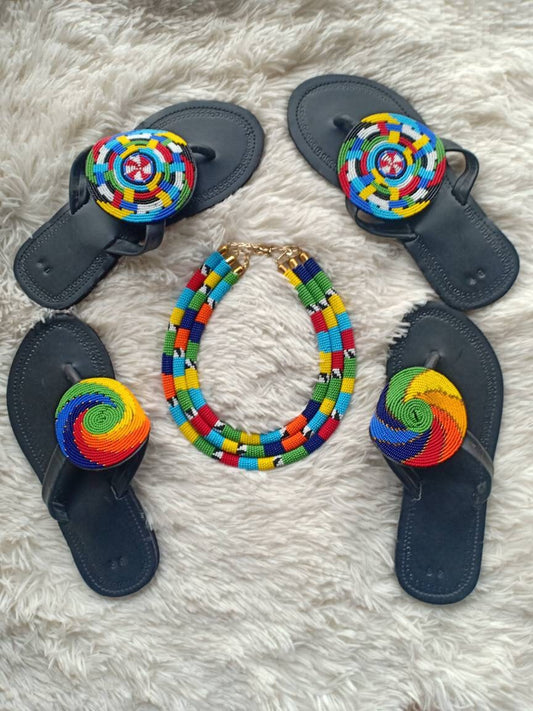 Handmade African Beaded Sandals/Authentic Maasai-Style Leather Flip-Flops Women/Boho Beach Sandals/Comfortable Summer Sandal African Gifts
