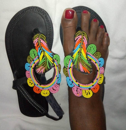 Handmade African Beaded Sandals/Authentic Maasai-Style Leather Flip-Flops Women/Boho Beach Sandals/Comfortable Summer Sandal African Gifts