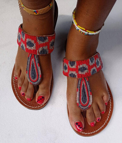 Handmade African Beaded Sandals/Authentic Maasai-Style Leather Flip-Flops Women/Boho Beach Sandals/Comfortable Summer Sandal African Gifts
