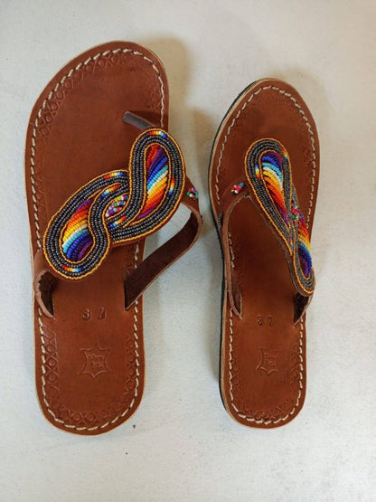 Handmade African Beaded Sandals/Authentic Maasai-Style Leather Flip-Flops Women/Boho Beach Sandals/Comfortable Summer Sandal African Gifts