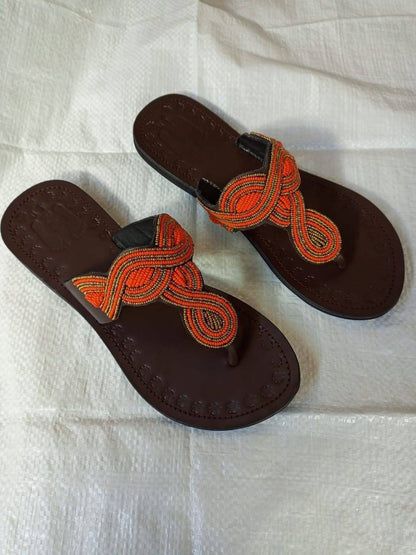 Handmade African Beaded Sandals/Authentic Maasai-Style Leather Flip-Flops Women/Boho Beach Sandals/Comfortable Summer Sandal African Gifts
