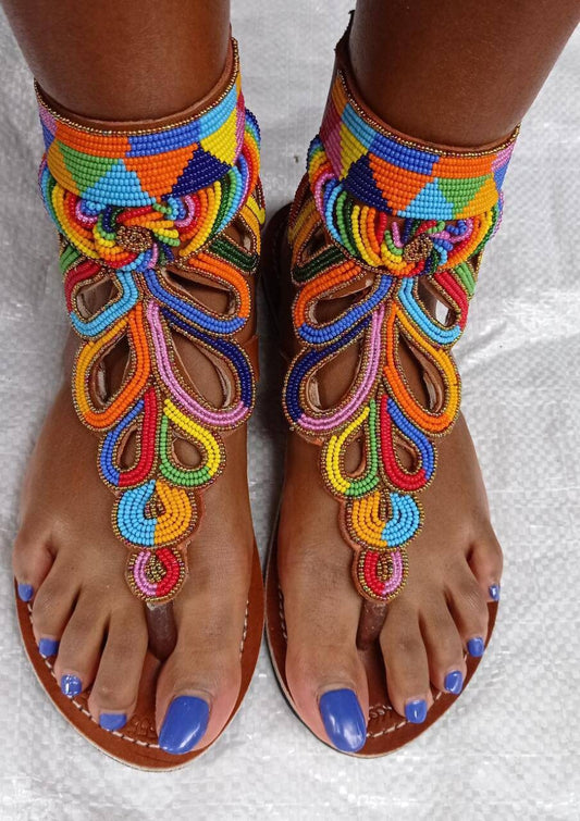 Handmade African Beaded Sandals/Authentic Maasai-Style Leather Flip-Flops Women/Boho Beach Sandals/Comfortable Summer Sandal African Gifts