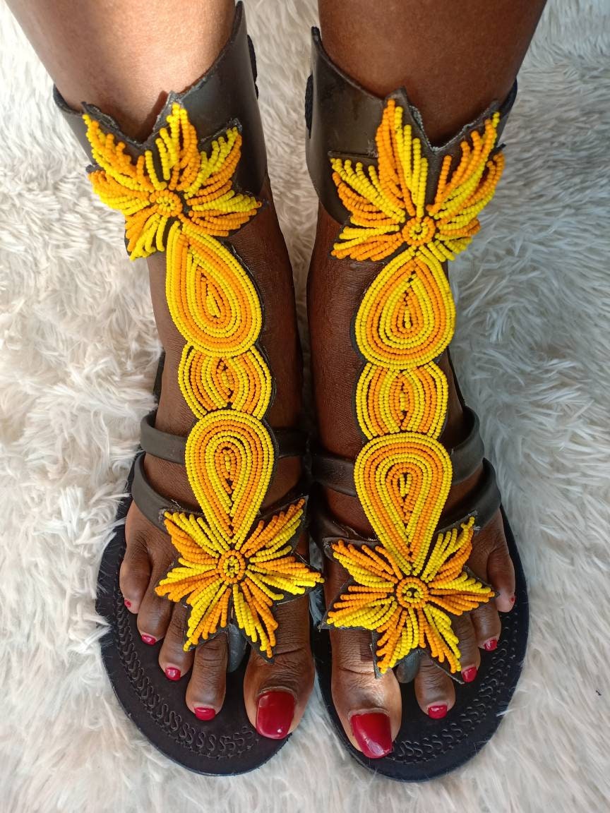 Handmade African Beaded Sandals/Authentic Maasai-Style Leather Flip-Flops Women/Boho Beach Sandals/Comfortable Summer Sandal African Gifts