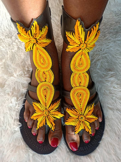 Handmade African Beaded Sandals/Authentic Maasai-Style Leather Flip-Flops Women/Boho Beach Sandals/Comfortable Summer Sandal African Gifts