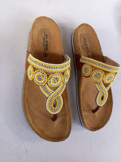 Handmade African Beaded Sandals/Authentic Maasai-Style Leather Flip-Flops Women/Boho Beach Sandals/Comfortable Summer Sandal African Gifts