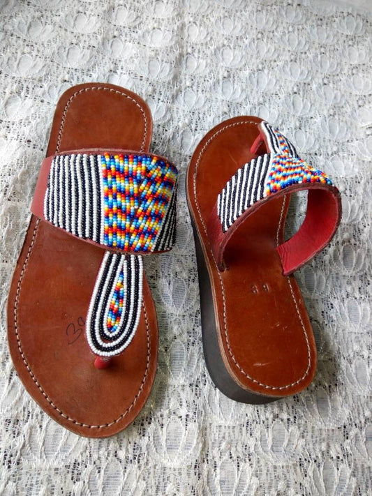 Handmade African Beaded Sandals/Authentic Maasai-Style Leather Flip-Flops Women/Boho Beach Sandals/Comfortable Summer Sandal African Gifts