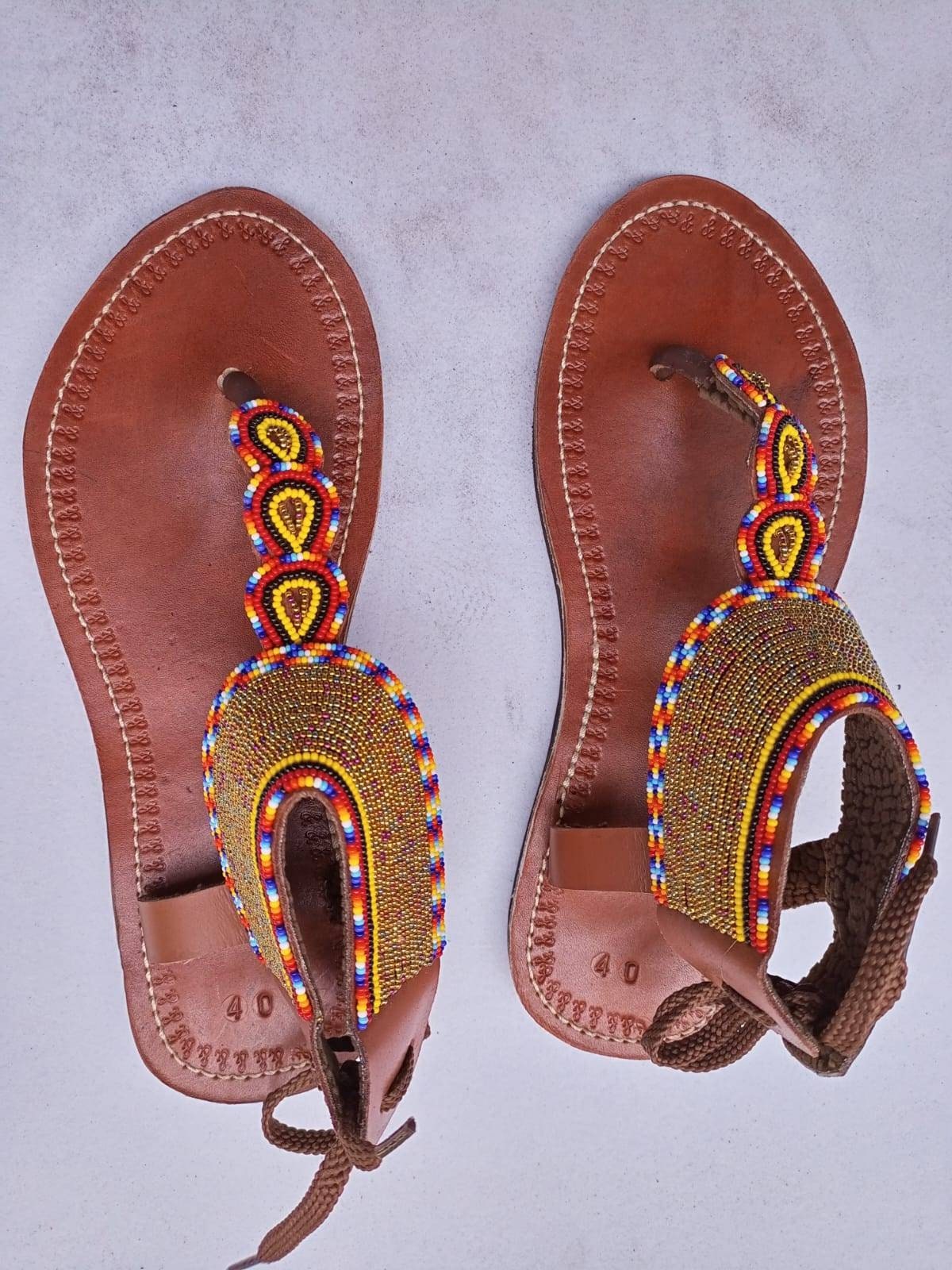 Handmade African Beaded Sandals/Authentic Maasai-Style Leather Flip-Flops Women/Boho Beach Sandals/Comfortable Summer Sandal African Gifts