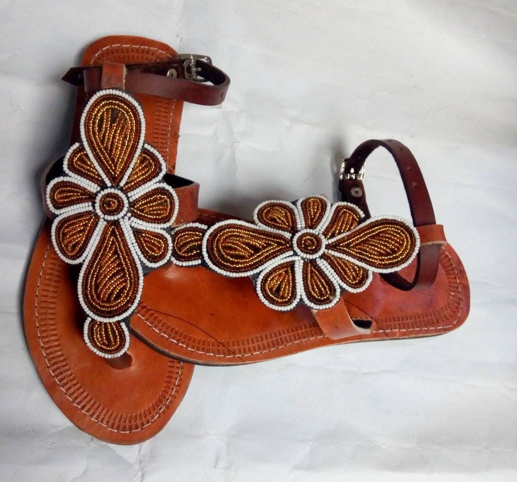Handmade African Beaded Sandals/Authentic Maasai-Style Leather Flip-Flops Women/Boho Beach Sandals/Comfortable Summer Sandal African Gifts