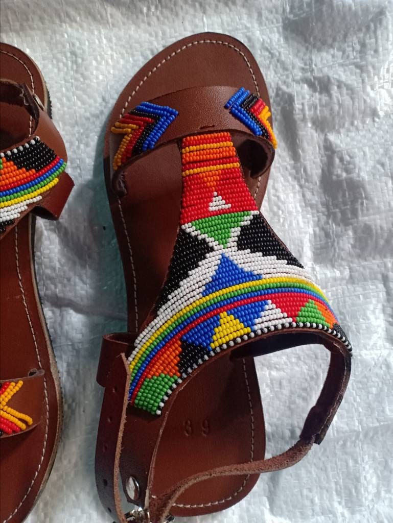 Handmade African Beaded Sandals/Authentic Maasai-Style Leather Flip-Flops Women/Boho Beach Sandals/Comfortable Summer Sandal African Gifts