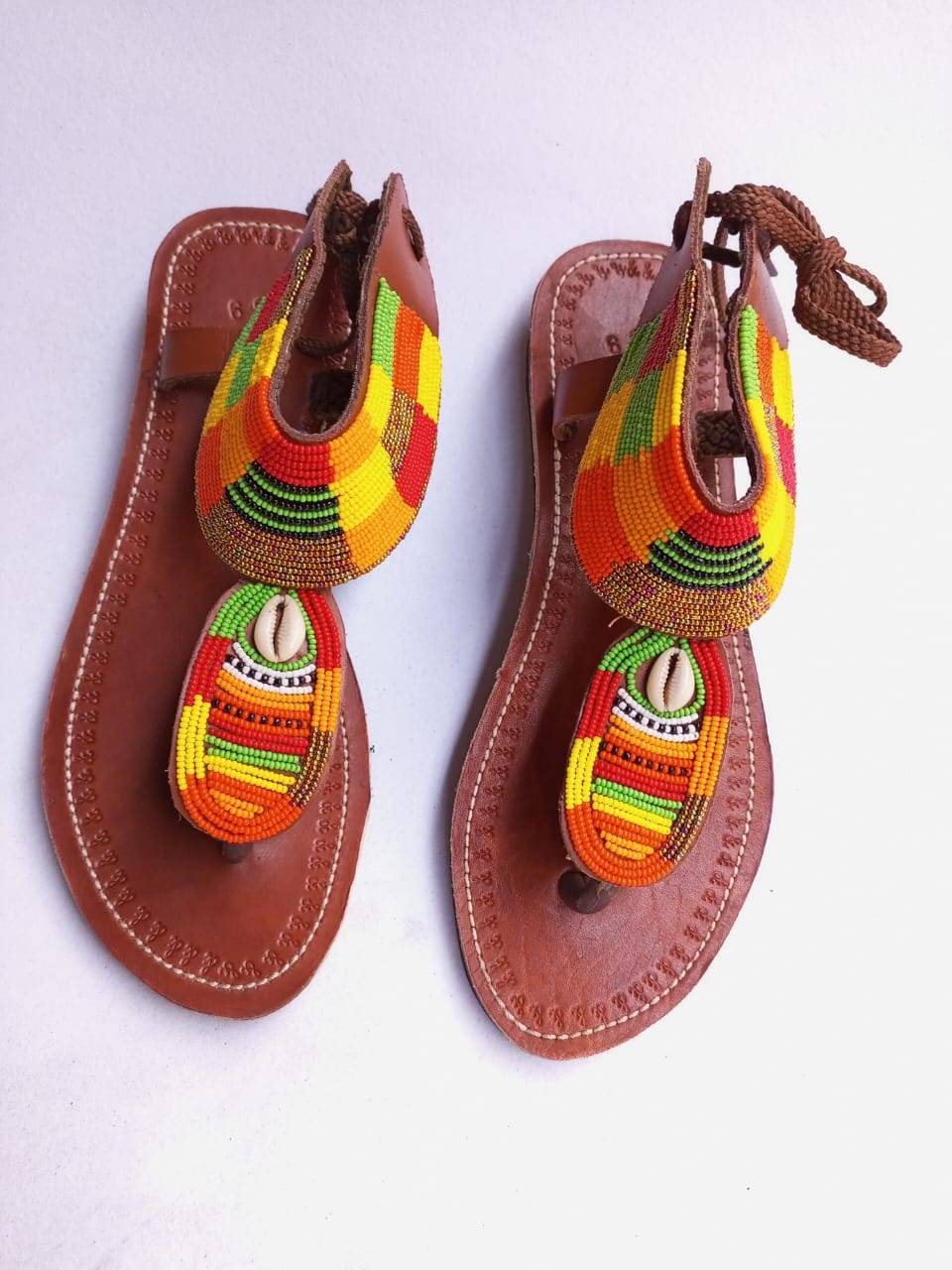 Handmade African Beaded Sandals/Authentic Maasai-Style Leather Flip-Flops Women/Boho Beach Sandals/Comfortable Summer Sandal African Gifts