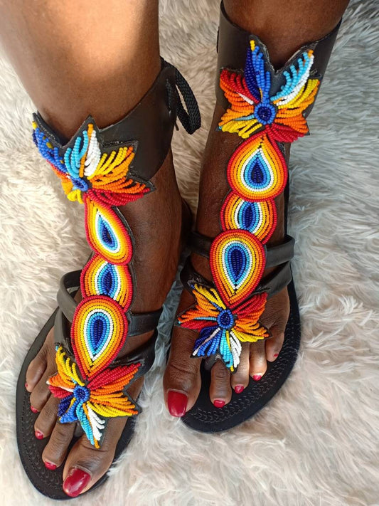 Handmade African Beaded Sandals/Authentic Maasai-Style Leather Flip-Flops Women/Boho Beach Sandals/Comfortable Summer Sandal African Gifts