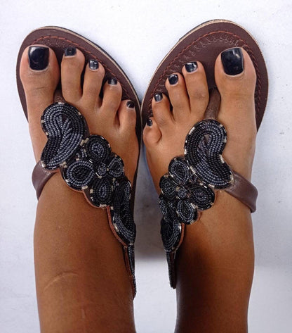 Handmade African Beaded Sandals/Authentic Maasai-Style Leather Flip-Flops Women/Boho Beach Sandals/Comfortable Summer Sandal African Gifts