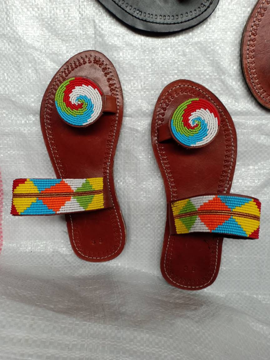 Handmade African Beaded Sandals/Authentic Maasai-Style Leather Flip-Flops Women/Boho Beach Sandals/Comfortable Summer Sandal African Gifts