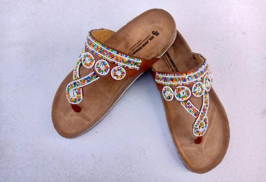 Handmade African Beaded Sandals/Authentic Maasai-Style Leather Flip-Flops Women/Boho Beach Sandals/Comfortable Summer Sandal African Gifts