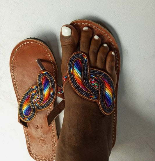 Handmade African Beaded Sandals/Authentic Maasai-Style Leather Flip-Flops Women/Boho Beach Sandals/Comfortable Summer Sandal African Gifts