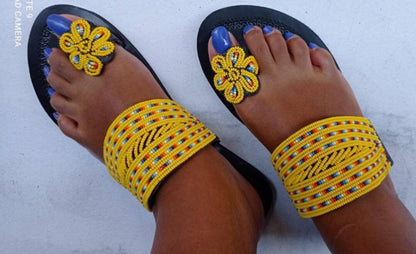 Handmade African Beaded Sandals/Authentic Maasai-Style Leather Flip-Flops Women/Boho Beach Sandals/Comfortable Summer Sandal African Gifts