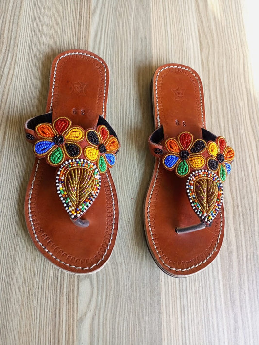 Handmade African Beaded Sandals/Authentic Maasai-Style Leather Flip-Flops Women/Boho Beach Sandals/Comfortable Summer Sandal African Gifts