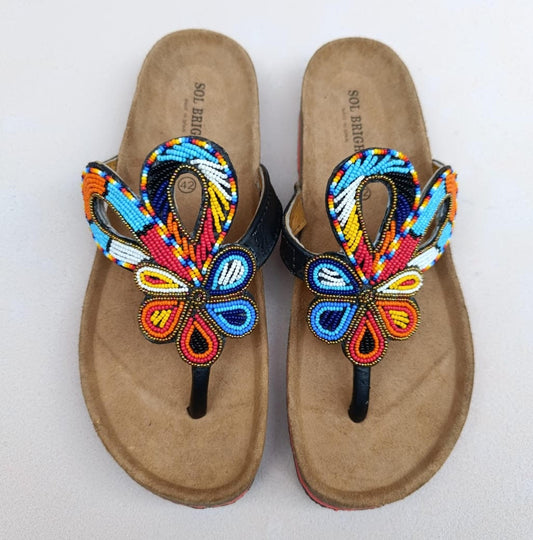 Handmade African Beaded Sandals/Authentic Maasai-Style Leather Flip-Flops Women/Boho Beach Sandals/Comfortable Summer Sandal African Gifts