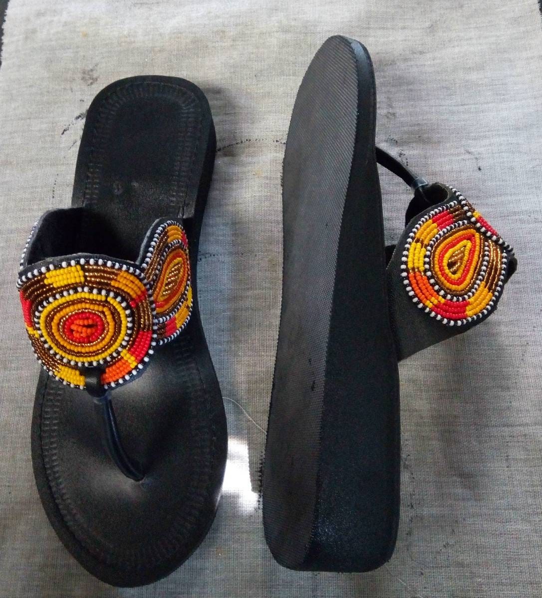 Handmade African Beaded Sandals/Authentic Maasai-Style Leather Flip-Flops Women/Boho Beach Sandals/Comfortable Summer Sandal African Gifts