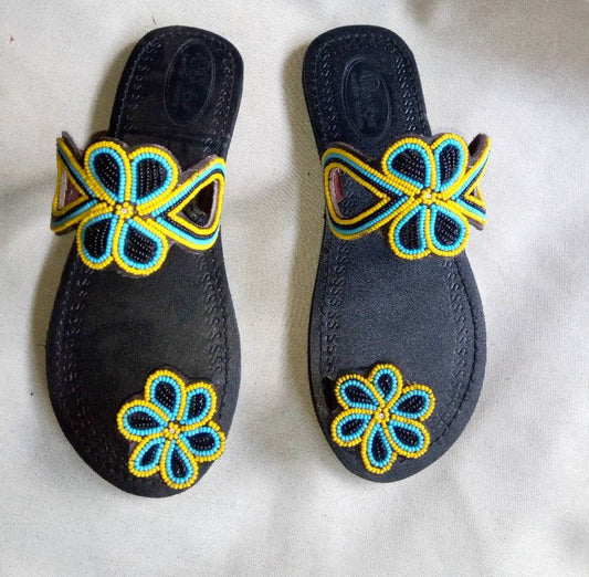 Handmade African Beaded Sandals/Authentic Maasai-Style Leather Flip-Flops Women/Boho Beach Sandals/Comfortable Summer Sandal African Gifts