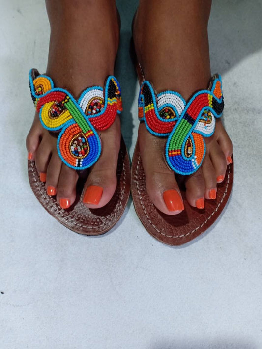 Handmade African Beaded Sandals/Authentic Maasai-Style Leather Flip-Flops Women/Boho Beach Sandals/Comfortable Summer Sandal African Gifts