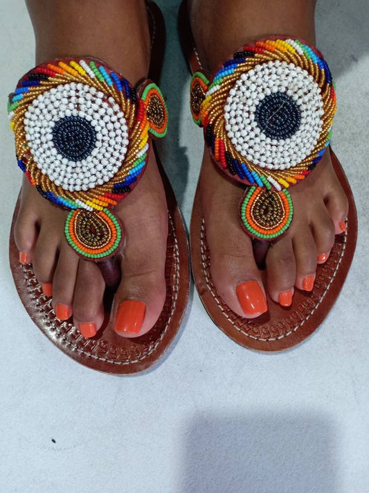 Handmade African Beaded Sandals/Authentic Maasai-Style Leather Flip-Flops Women/Boho Beach Sandals/Comfortable Summer Sandal African Gifts