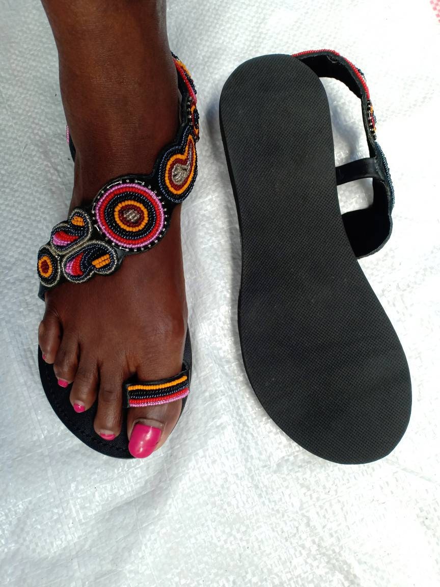 Handmade African Beaded Sandals/Authentic Maasai-Style Leather Flip-Flops Women/Boho Beach Sandals/Comfortable Summer Sandal African Gifts