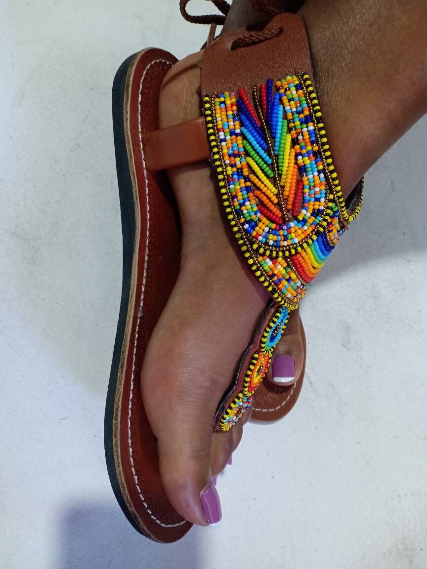 Handmade African Beaded Sandals/Authentic Maasai-Style Leather Flip-Flops Women/Boho Beach Sandals/Comfortable Summer Sandal African Gifts