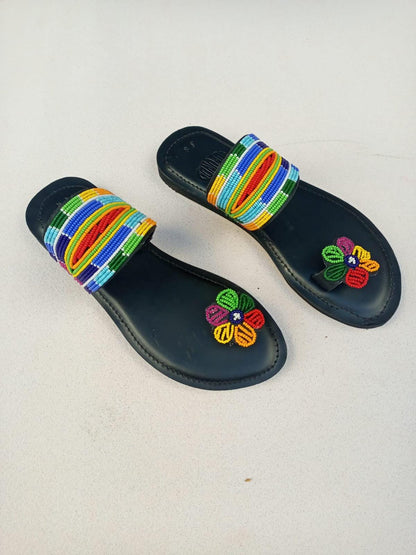 Handmade African Beaded Sandals/Authentic Maasai-Style Leather Flip-Flops Women/Boho Beach Sandals/Comfortable Summer Sandal African Gifts