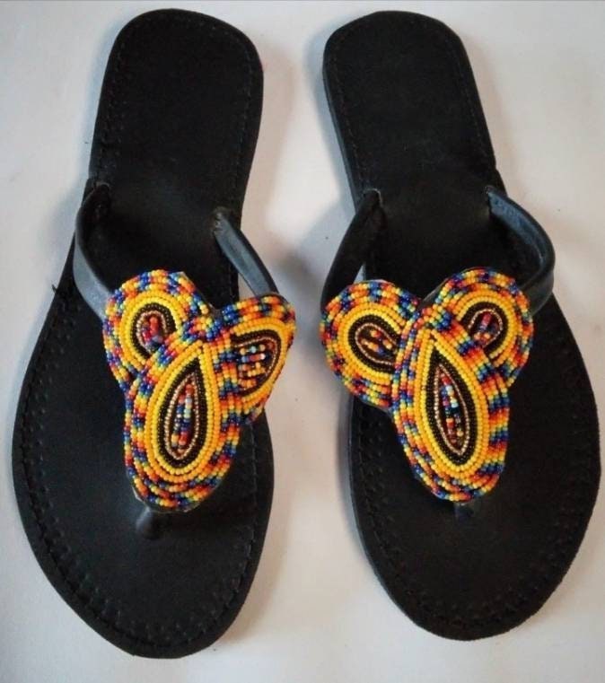 Handmade African Beaded Sandals/Authentic Maasai-Style Leather Flip-Flops Women/Boho Beach Sandals/Comfortable Summer Sandal African Gifts