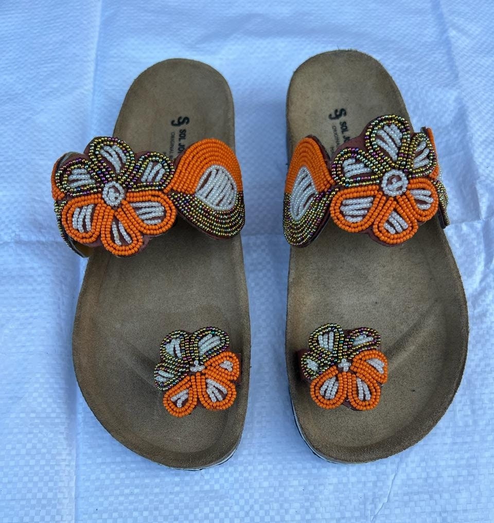Handmade African Beaded Sandals/Authentic Maasai-Style Leather Flip-Flops Women/Boho Beach Sandals/Comfortable Summer Sandal African Gifts