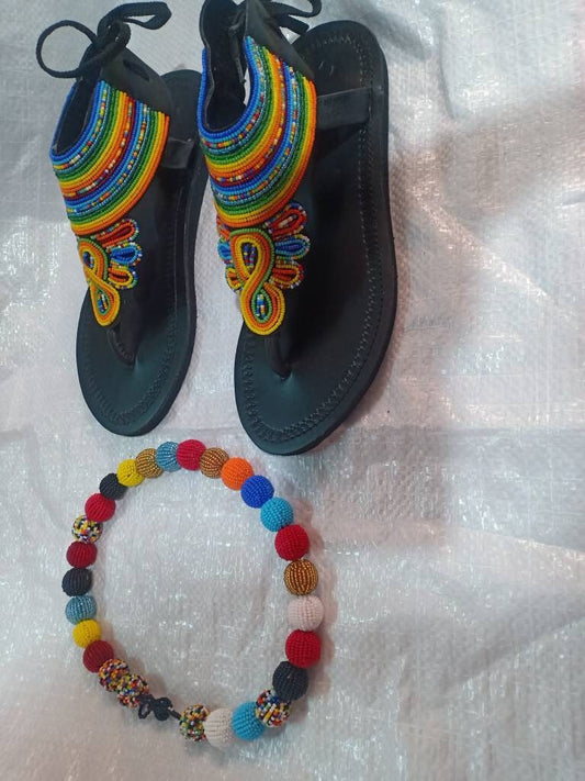 Handmade African Beaded Sandals/Authentic Maasai-Style Leather Flip-Flops Women/Boho Beach Sandals/Comfortable Summer Sandal African Gifts