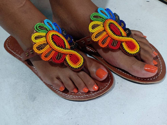 Handmade African Beaded Sandals/Authentic Maasai-Style Leather Flip-Flops Women/Boho Beach Sandals/Comfortable Summer Sandal African Gifts
