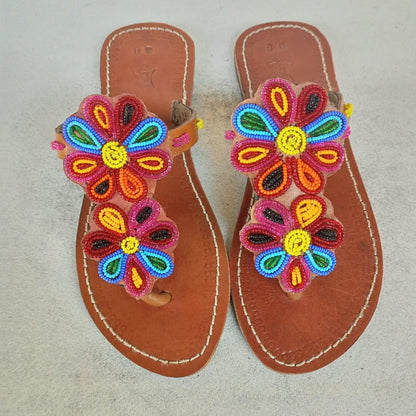 Handmade African Beaded Sandals/Authentic Maasai-Style Leather Flip-Flops Women/Boho Beach Sandals/Comfortable Summer Sandal African Gifts